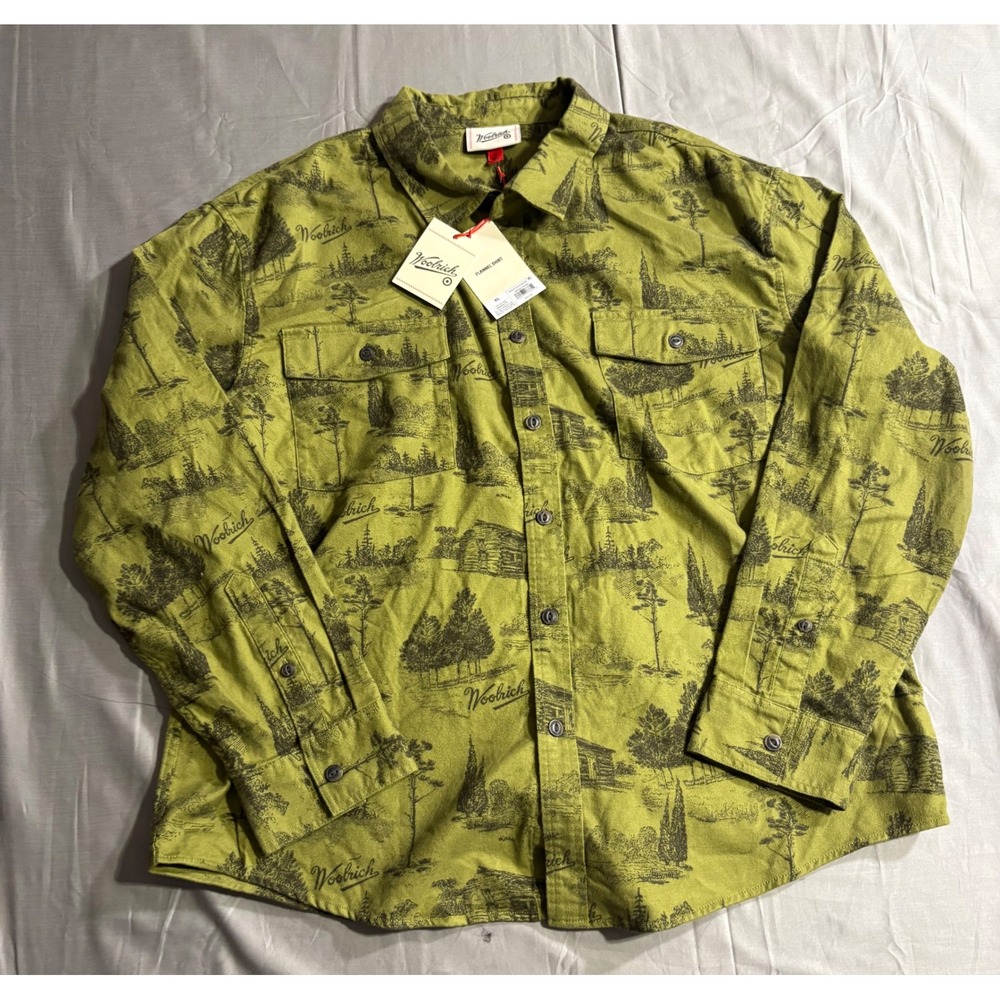 Woolrich Mens XL Green Landscape Cabin Print Flannel Button Down Shirt NEW